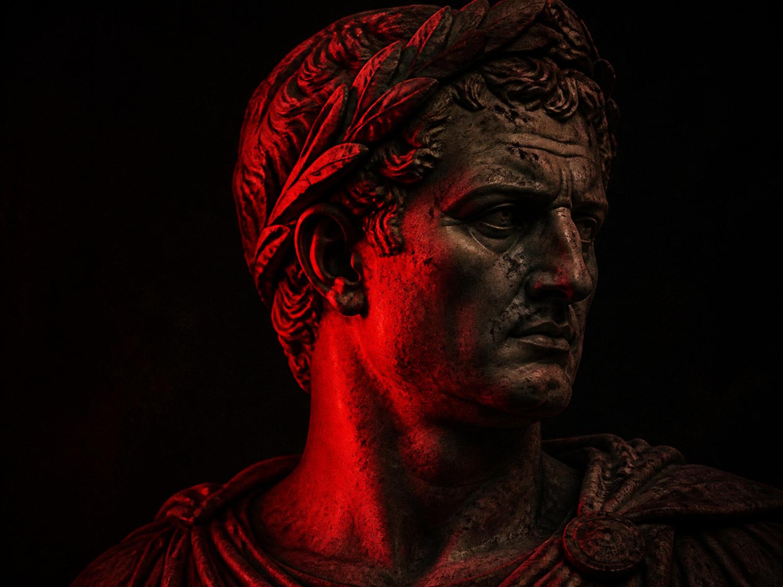 Marble bust of a Roman emperor lit in red